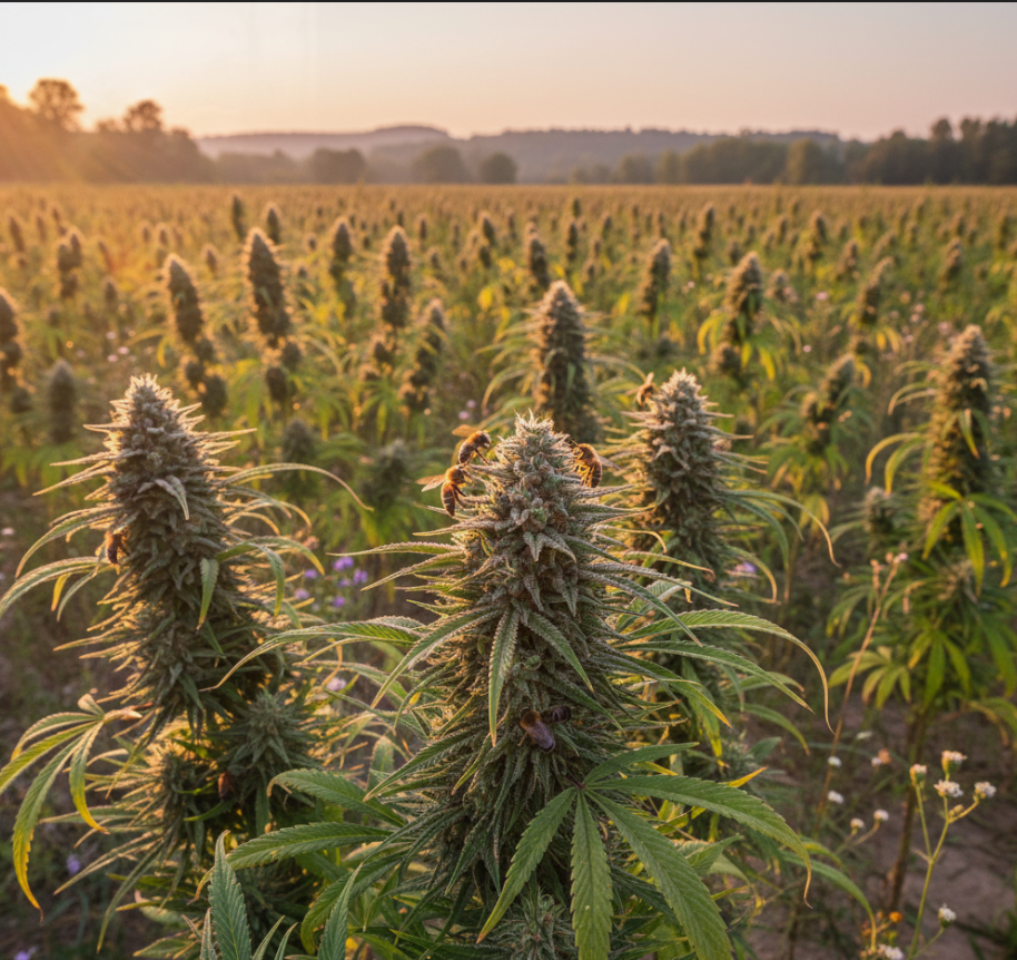 Glowing trichomes on a cannabis bud under low light